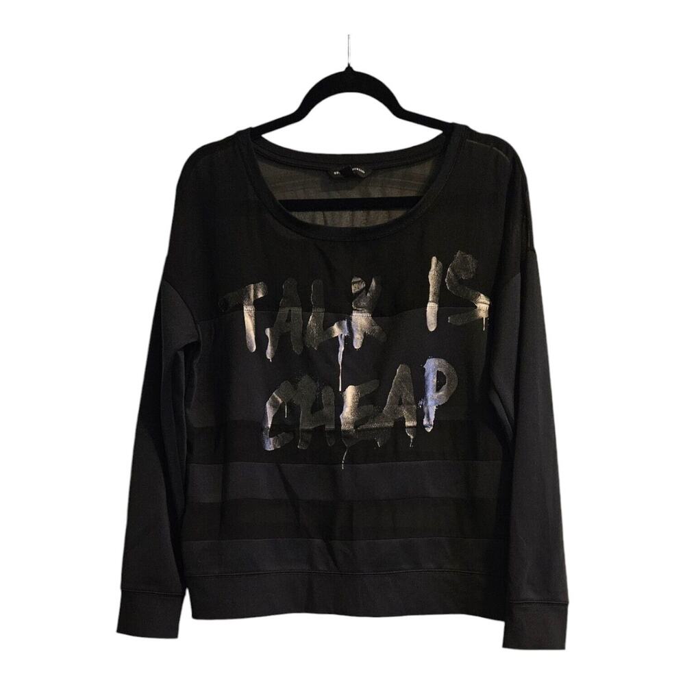 Rock & Republic Womens Top Size L Black Sheer Stripes "Talk Is Cheap"